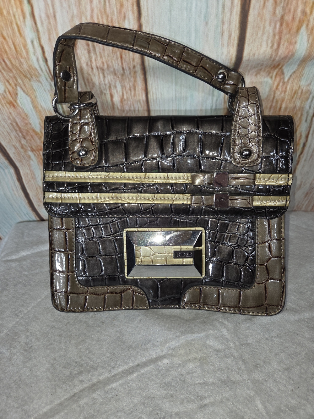 GUESS Handbag Vintage Brown Crocodile Patent Leather Purse Aligator Design